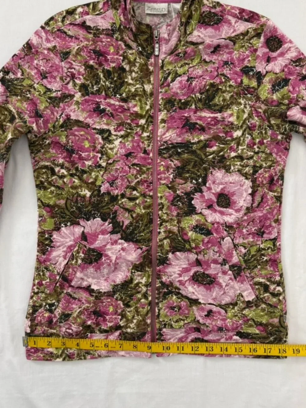 Zenergy By Chico’s Floral Zip Front Jacket Womens 0/Small Rhinestone Zip Stretch - Picture 11 of 15